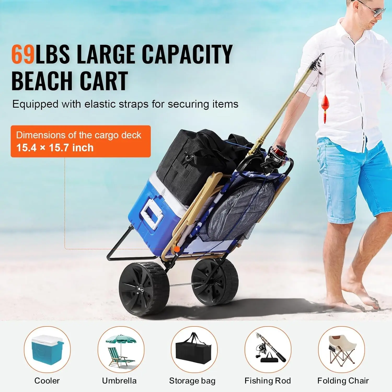 Beach Dolly with Big Wheels for Sand, 15.4" x 15.7" Cargo Deck, w/ 10" PE Solid Wheels, 69LBS Loading Capacity Folding Sand Cart