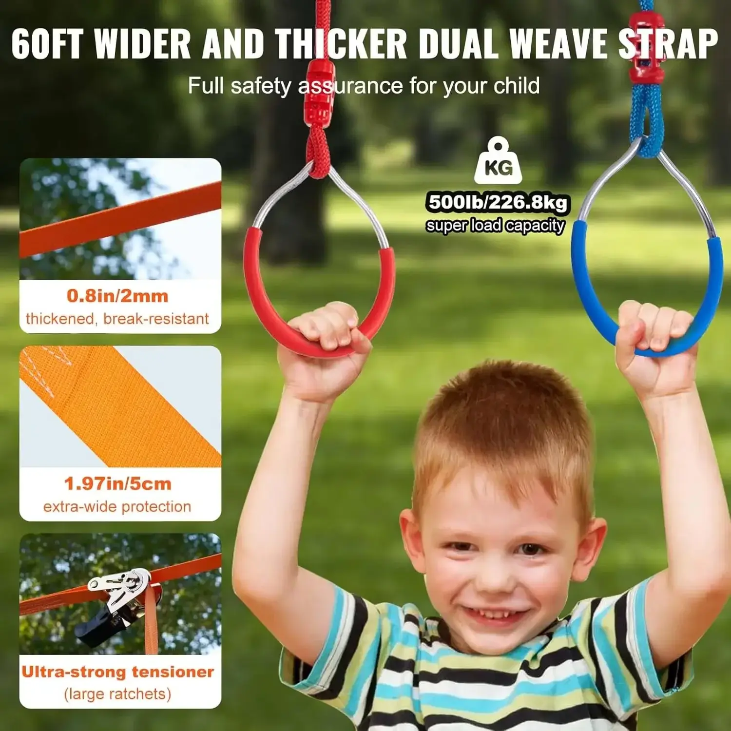 Ninja Warrior Obstacle Course for Kids, 2 x 60 ft Weatherproof Slacklines, 500lbs Weight Capacity Monkey Line