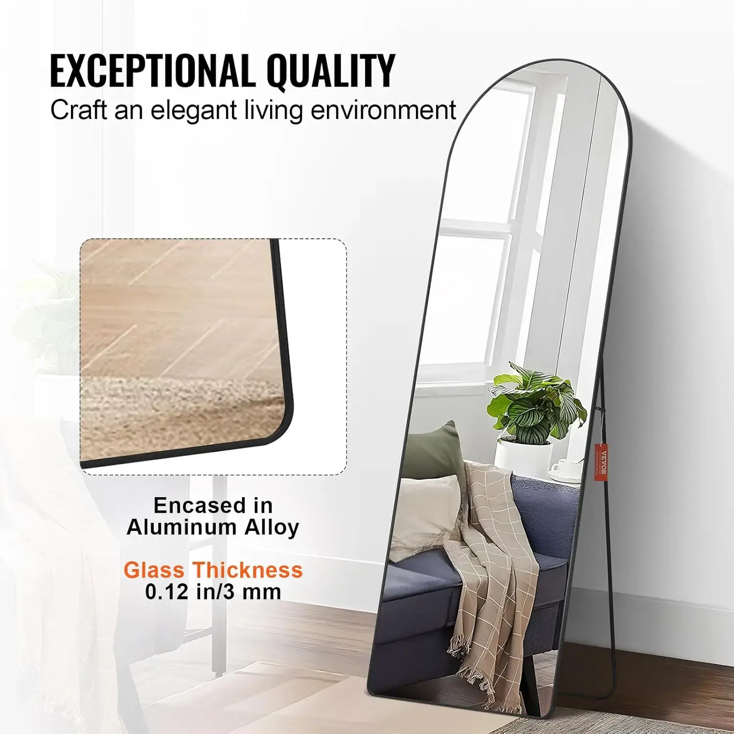 Arched Full Length Mirror, 65'' x 22'', Large Free Standing Leaning Hanging Wall Mounted Floor Mirror with Stand Aluminum
