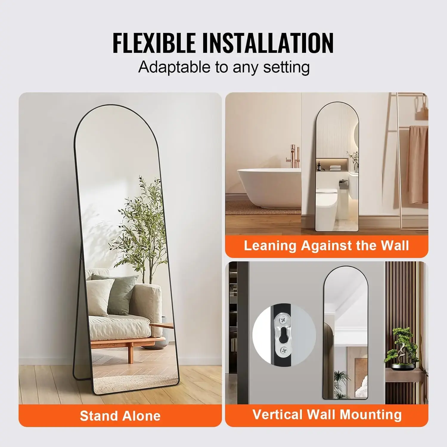 Arched Full Length Mirror, 65'' x 22'', Large Free Standing Leaning Hanging Wall Mounted Floor Mirror with Stand Aluminum