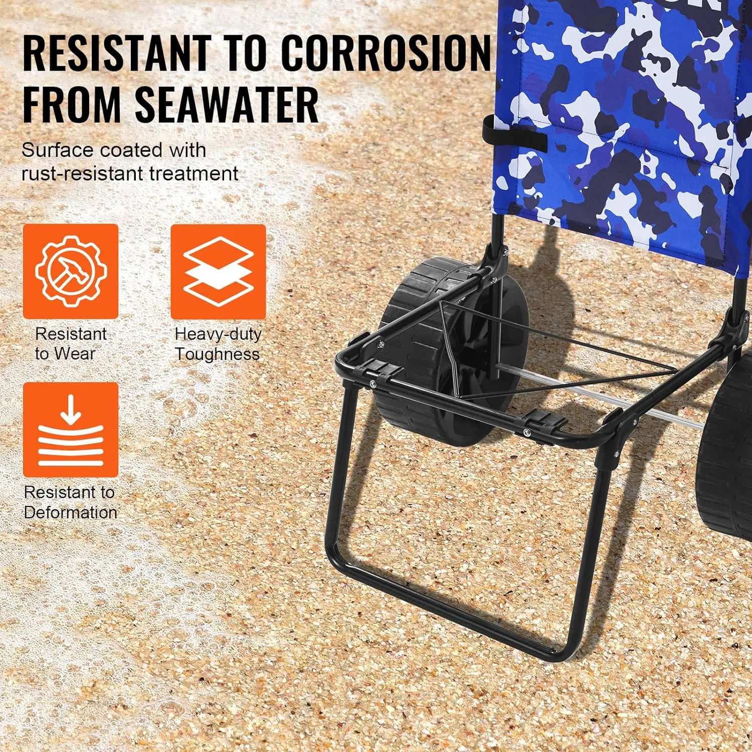 Beach Dolly with Big Wheels for Sand, 15.4" x 15.7" Cargo Deck, w/ 10" PE Solid Wheels, 69LBS Loading Capacity Folding Sand Cart