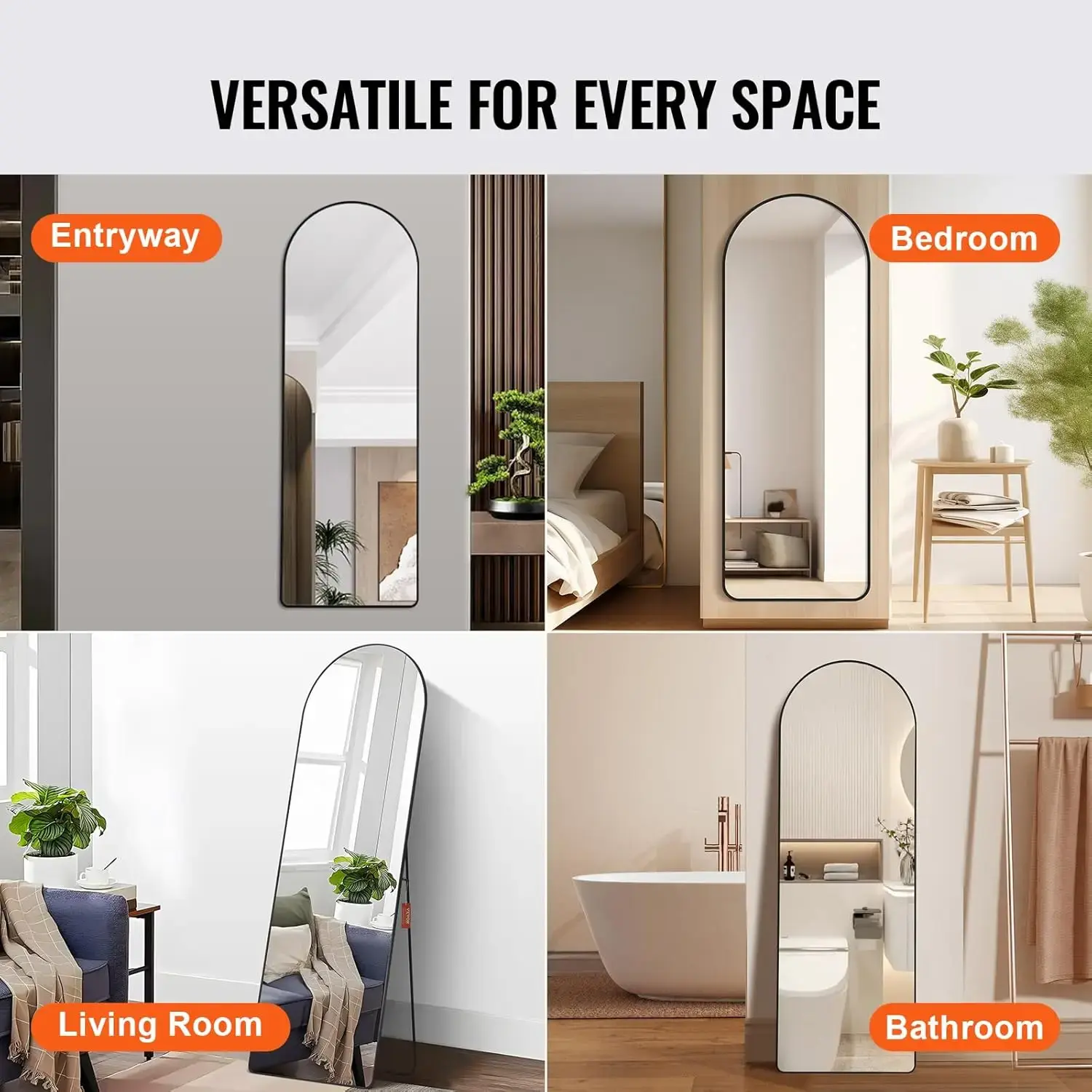 Arched Full Length Mirror, 65'' x 22'', Large Free Standing Leaning Hanging Wall Mounted Floor Mirror with Stand Aluminum