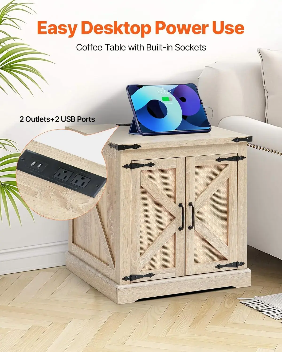 Farmhouse End Table, Rectangle PE Rattan Woven Wood Coffee Table, 24-Inch Modern Boho Style Storage Coffee Table