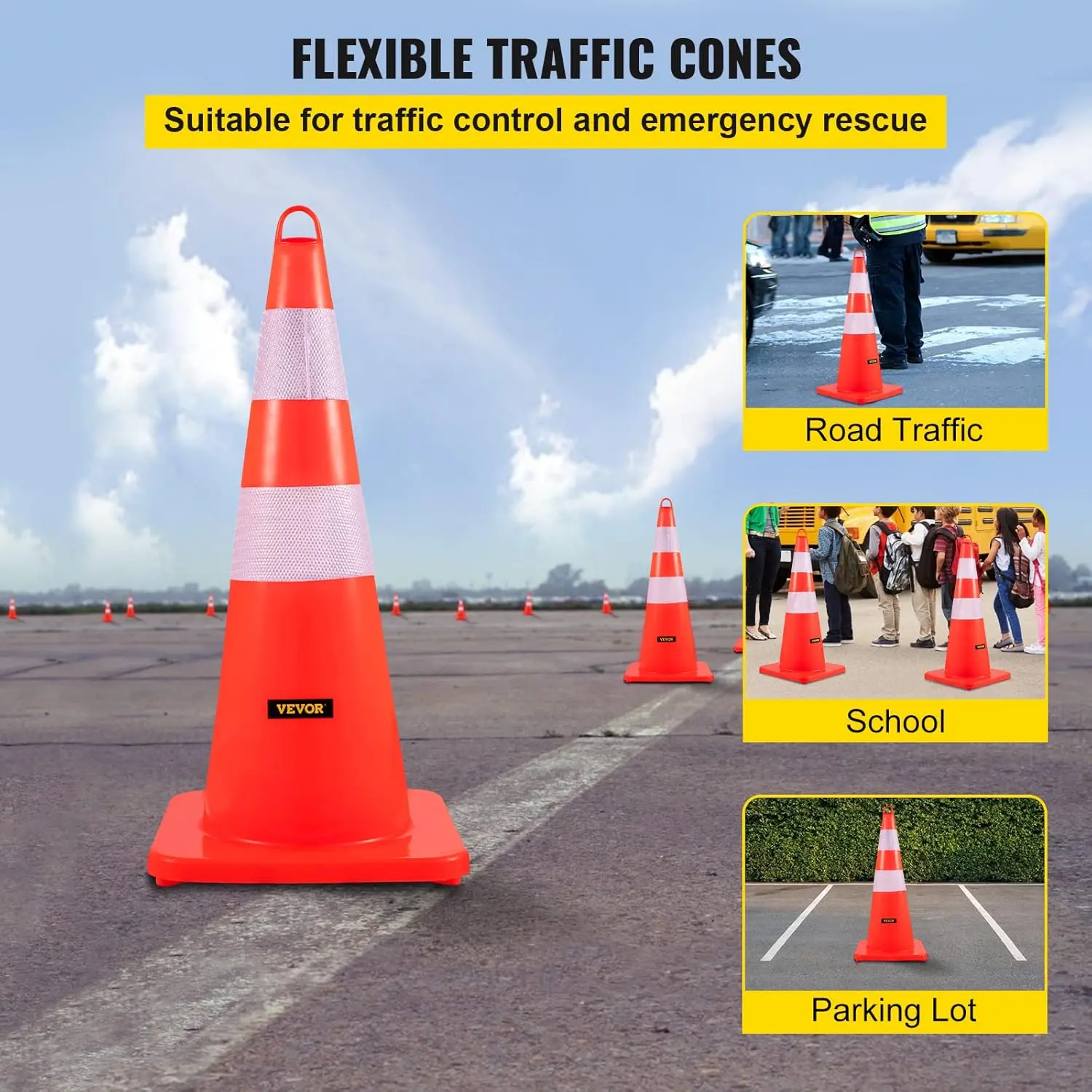 Safety Cones, 6 x 28" Traffic Cones, PVC Orange Construction Cones, 2 Reflective Collars Traffic Cones with Weighted