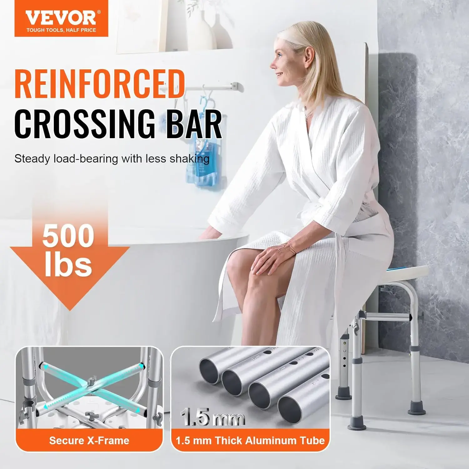 Shower Chair for Inside Shower, Adjustable Height Shower Stool with Crossbar Support Shower Tub