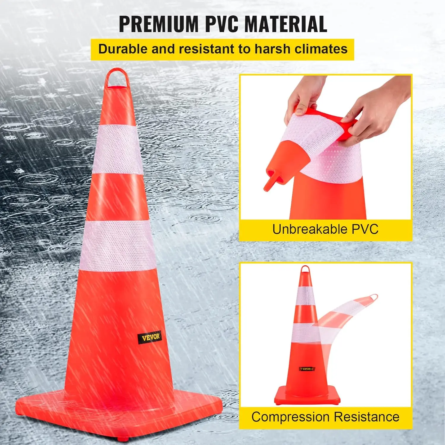 Safety Cones, 6 x 28" Traffic Cones, PVC Orange Construction Cones, 2 Reflective Collars Traffic Cones with Weighted