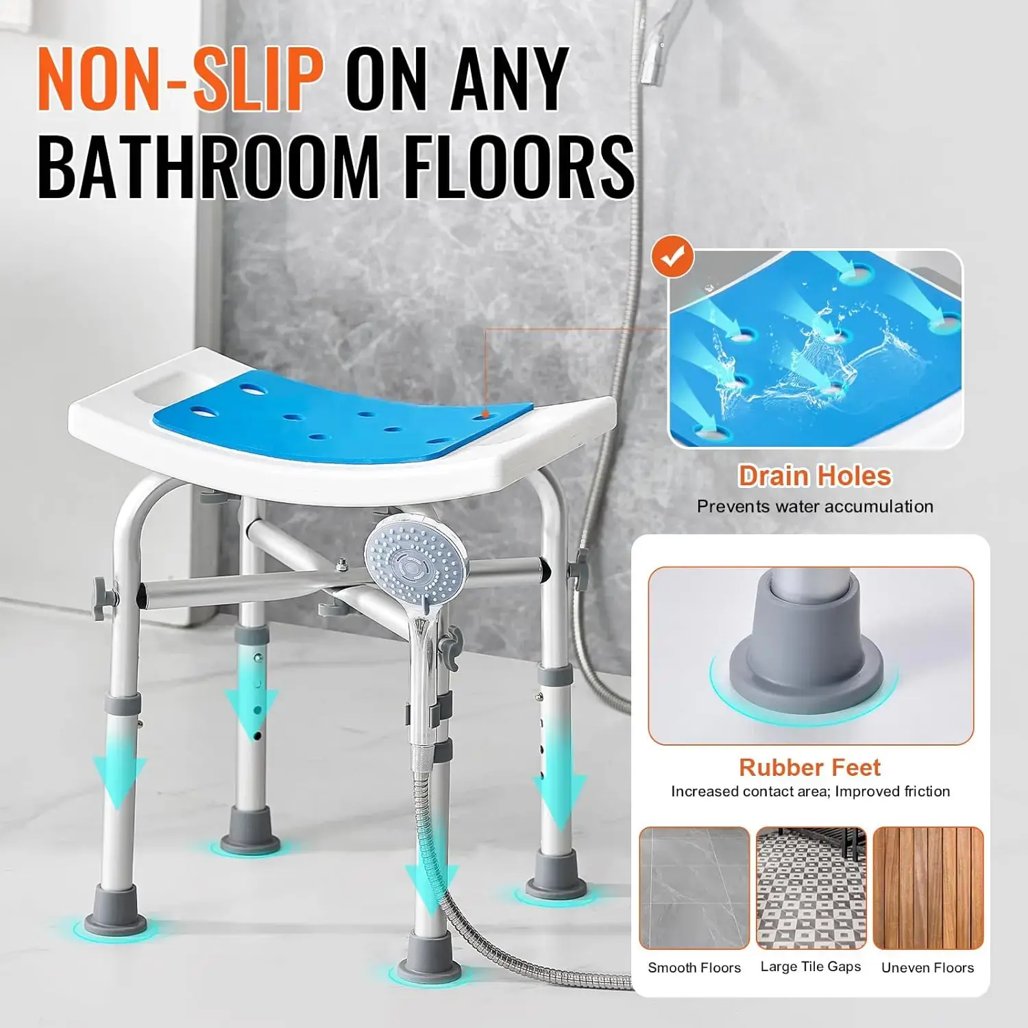 Shower Chair for Inside Shower, Adjustable Height Shower Stool with Crossbar Support Shower Tub