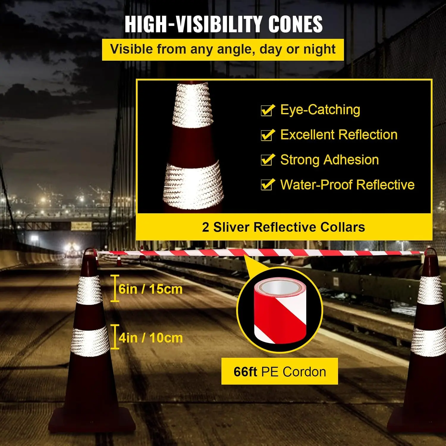 Safety Cones, 6 x 28" Traffic Cones, PVC Orange Construction Cones, 2 Reflective Collars Traffic Cones with Weighted