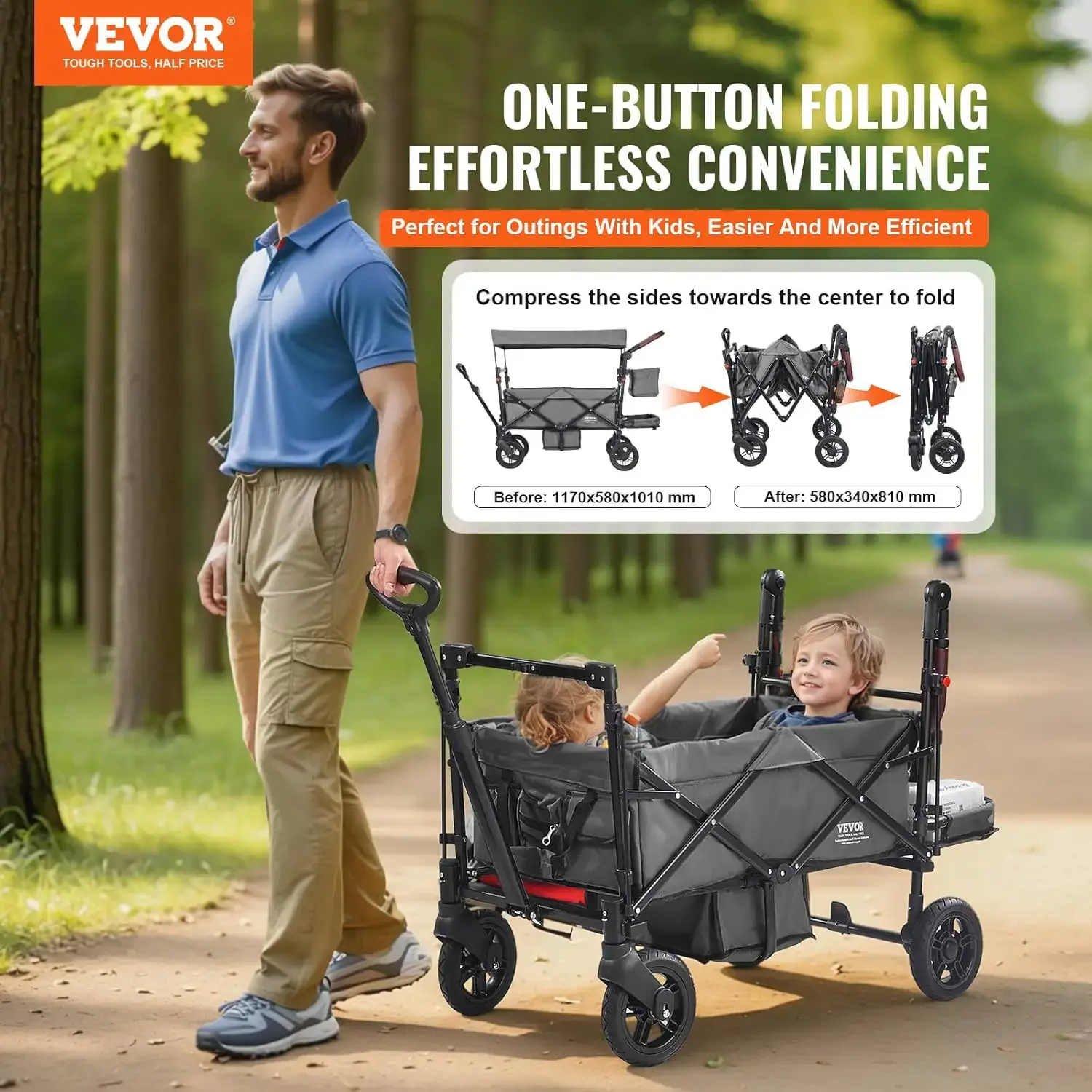 Wagon Stroller for 2 Kids, Push Pull Quad Collapsible Stroller with Adjustable Handle, Encircling Harness Removable Canopy
