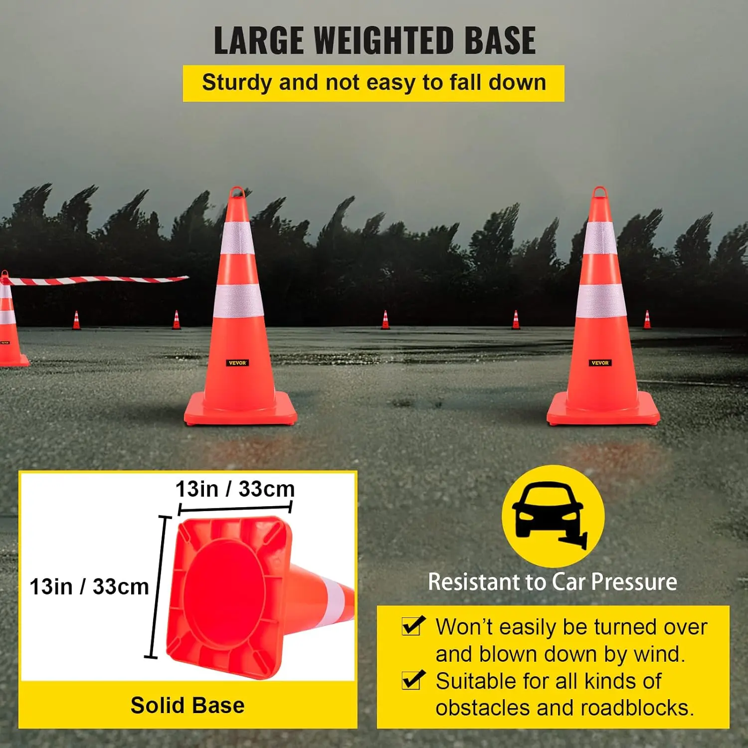 Safety Cones, 6 x 28" Traffic Cones, PVC Orange Construction Cones, 2 Reflective Collars Traffic Cones with Weighted