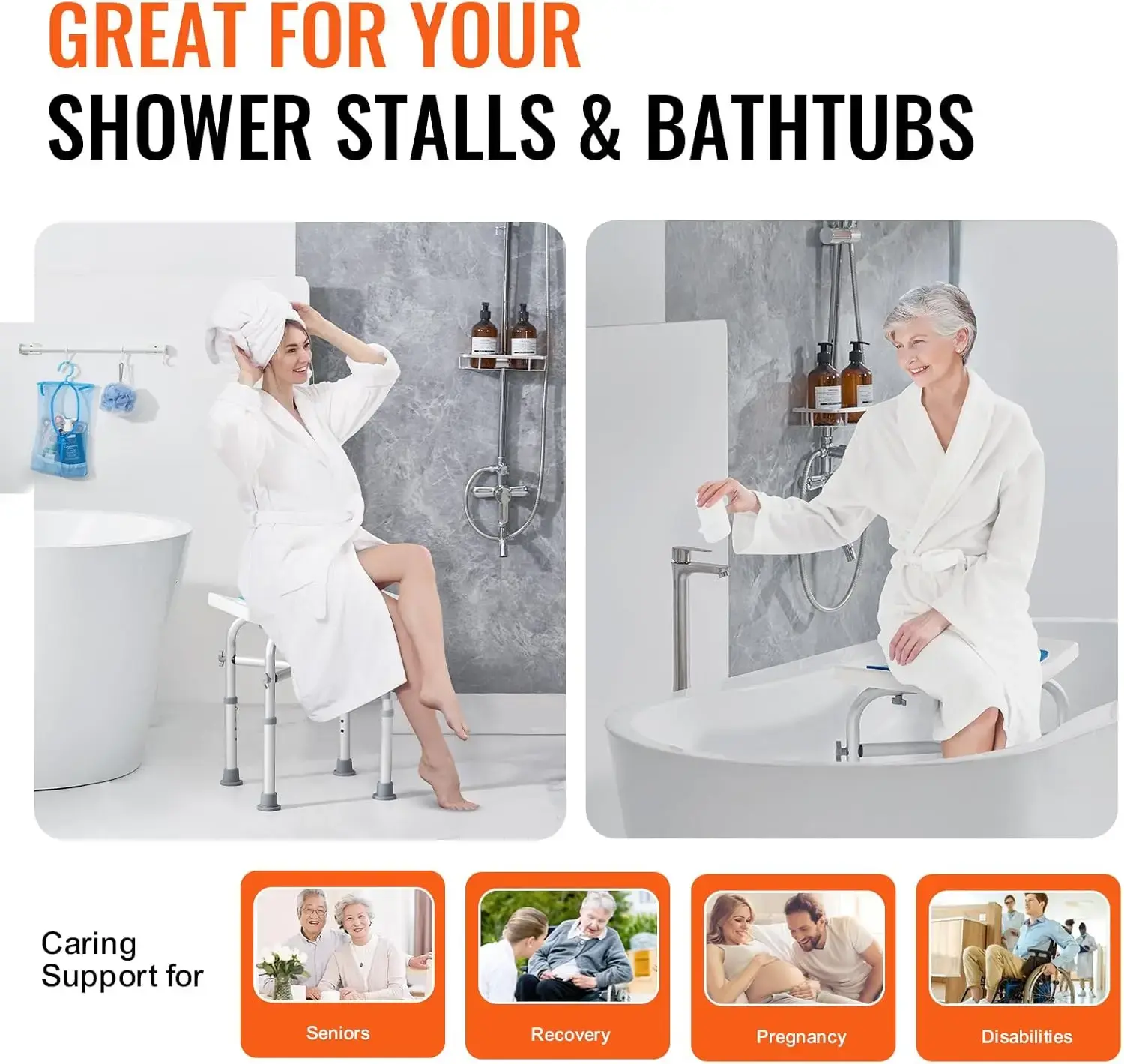 Shower Chair for Inside Shower, Adjustable Height Shower Stool with Crossbar Support Shower Tub