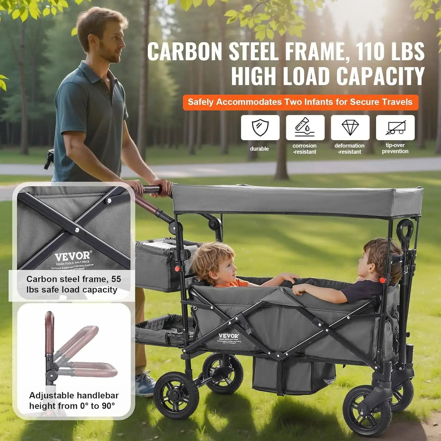 Wagon Stroller for 2 Kids, Push Pull Quad Collapsible Stroller with Adjustable Handle, Encircling Harness Removable Canopy