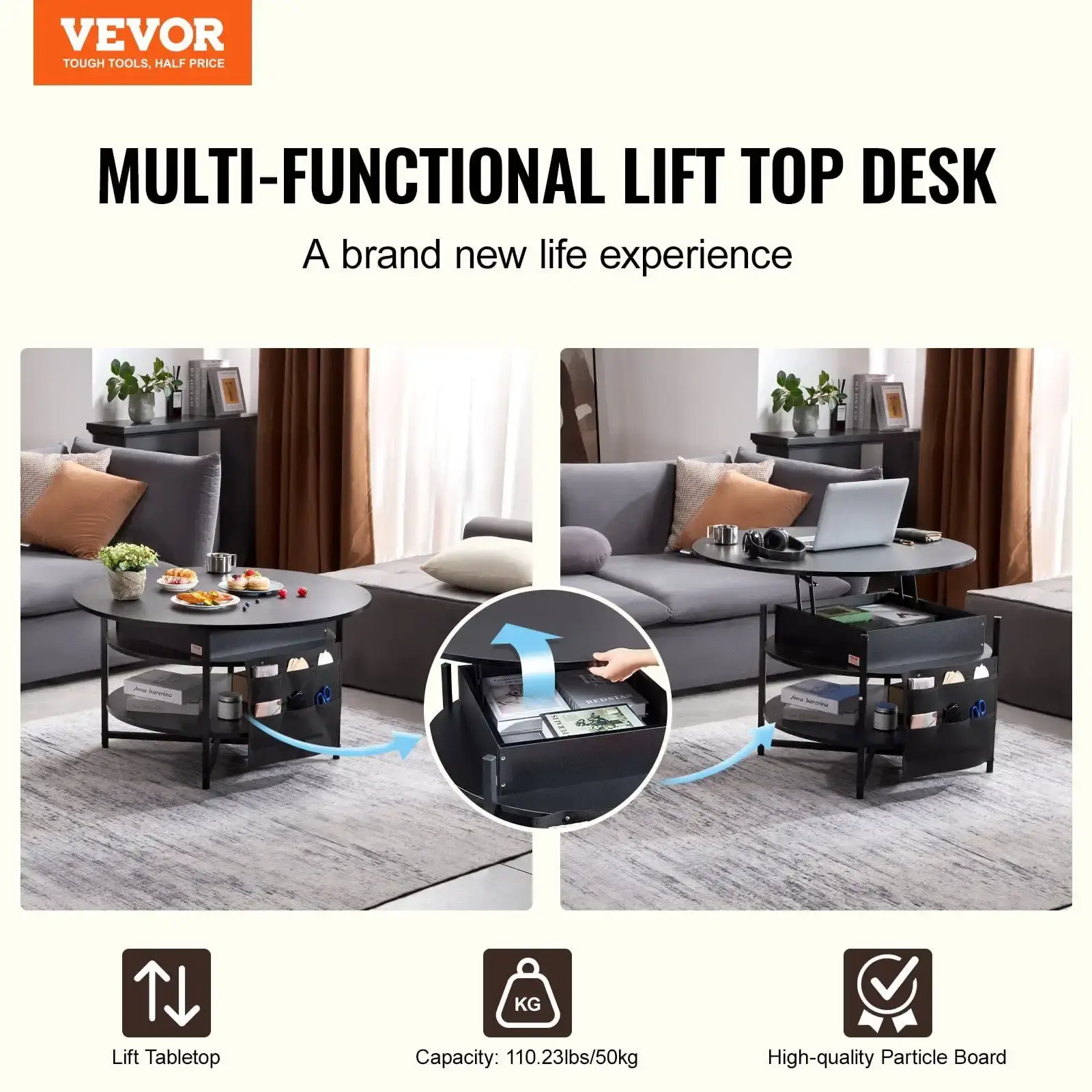 Lift Top Coffee Table 35.3" Round Coffee Table for Living Room Black