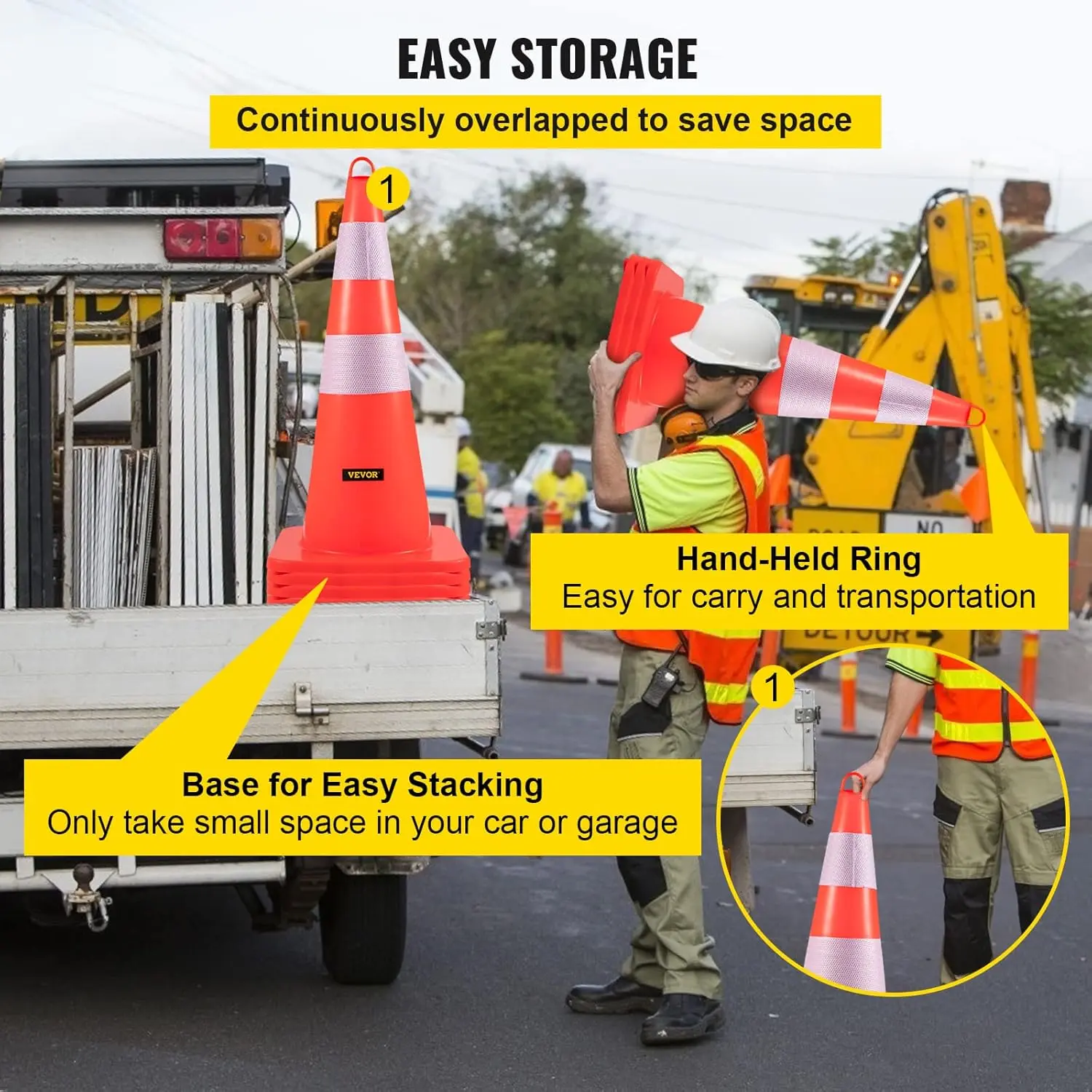 Safety Cones, 6 x 28" Traffic Cones, PVC Orange Construction Cones, 2 Reflective Collars Traffic Cones with Weighted