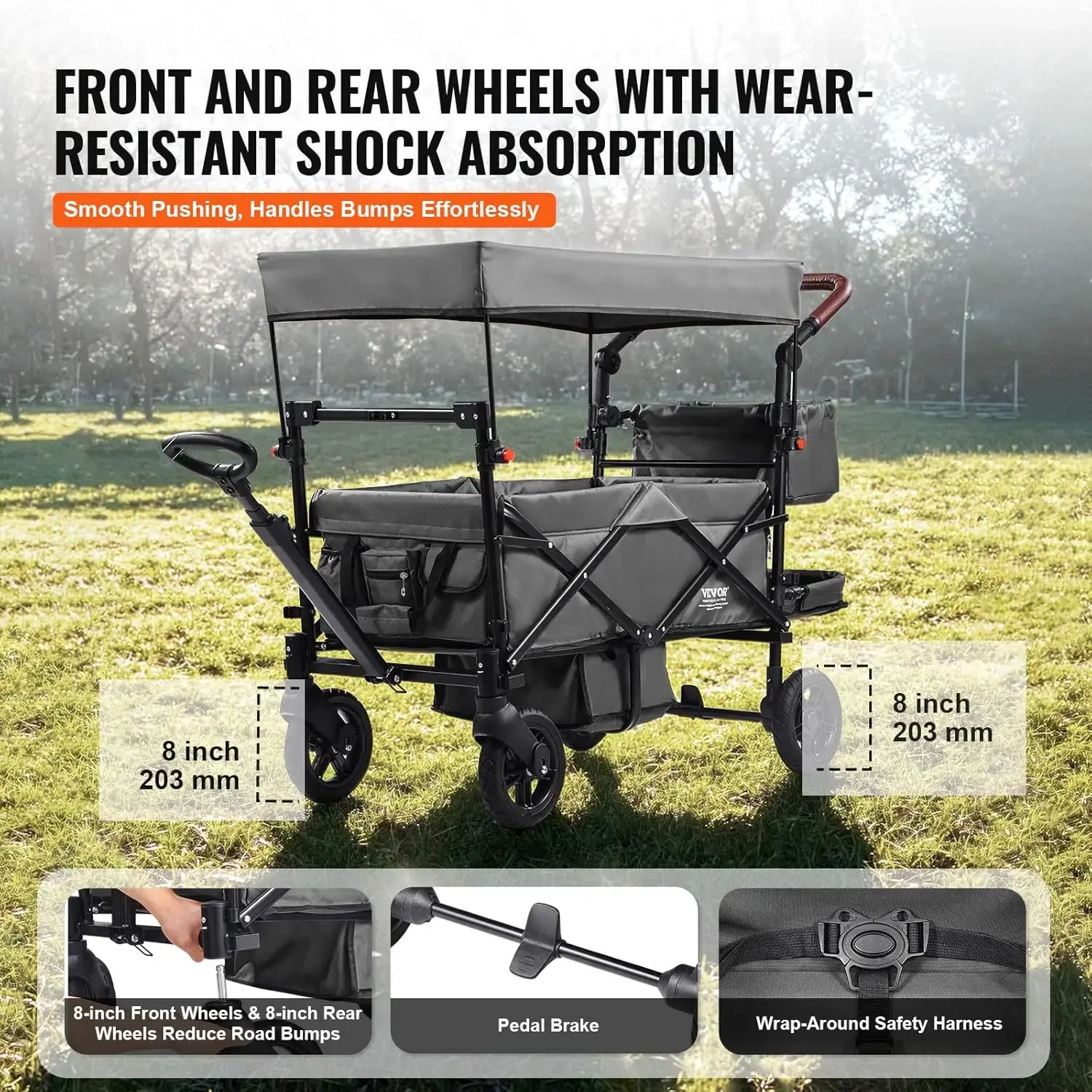 Wagon Stroller for 2 Kids, Push Pull Quad Collapsible Stroller with Adjustable Handle, Encircling Harness Removable Canopy