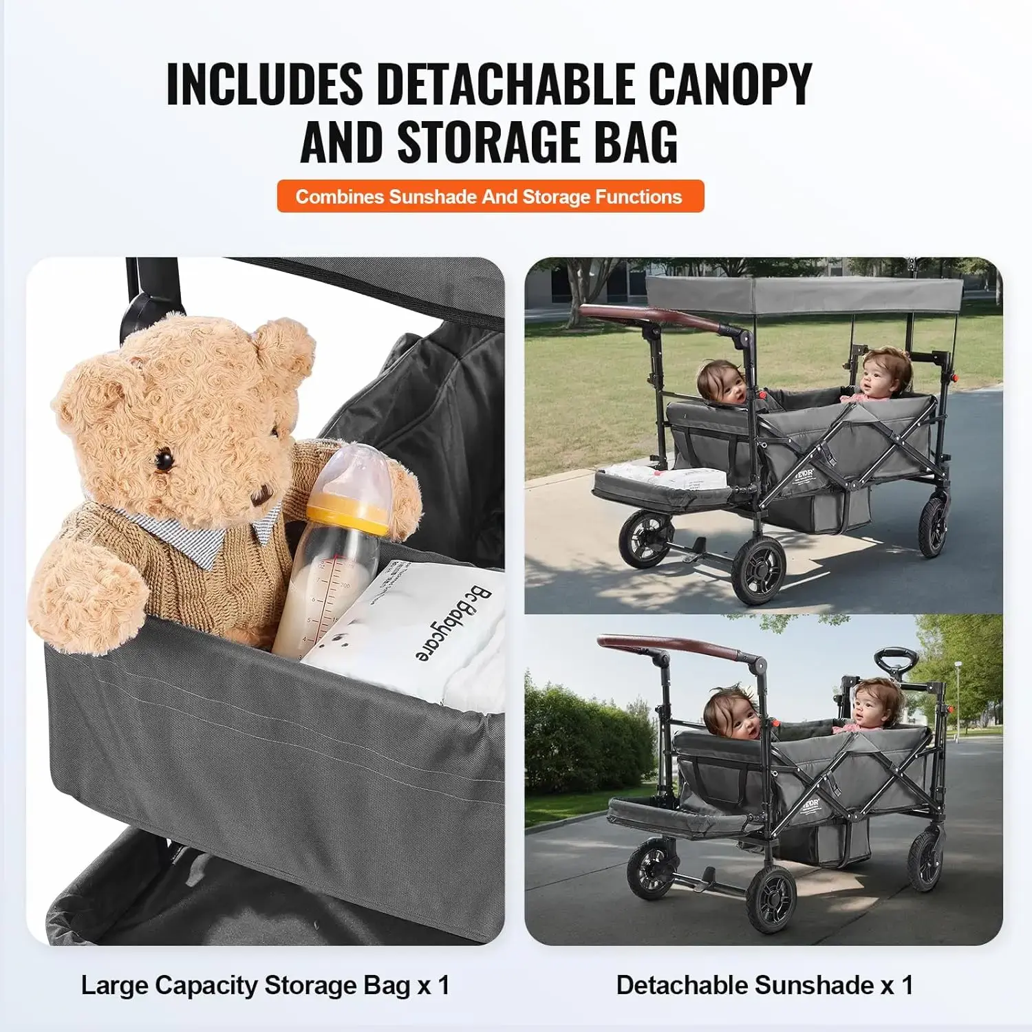Wagon Stroller for 2 Kids, Push Pull Quad Collapsible Stroller with Adjustable Handle, Encircling Harness Removable Canopy
