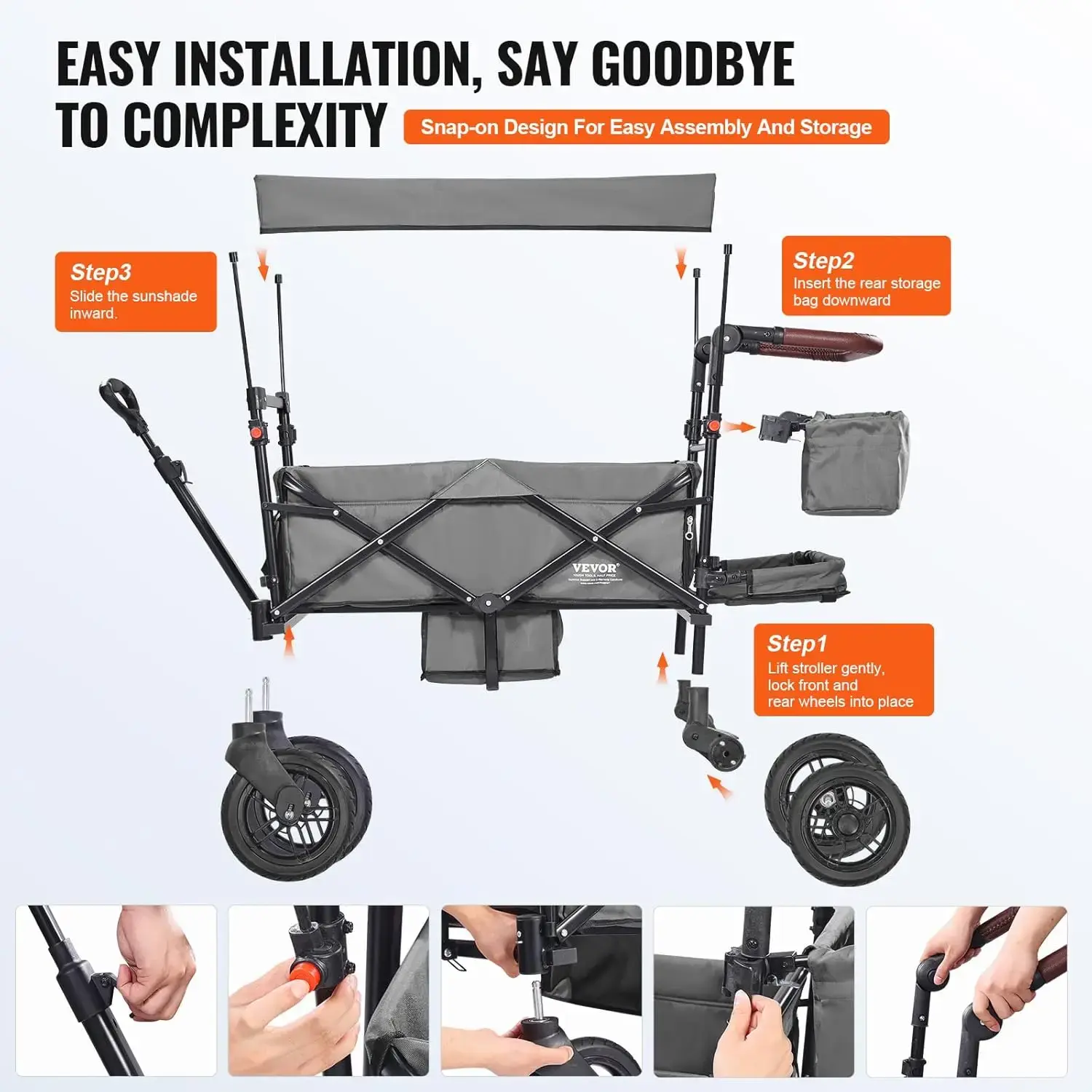 Wagon Stroller for 2 Kids, Push Pull Quad Collapsible Stroller with Adjustable Handle, Encircling Harness Removable Canopy