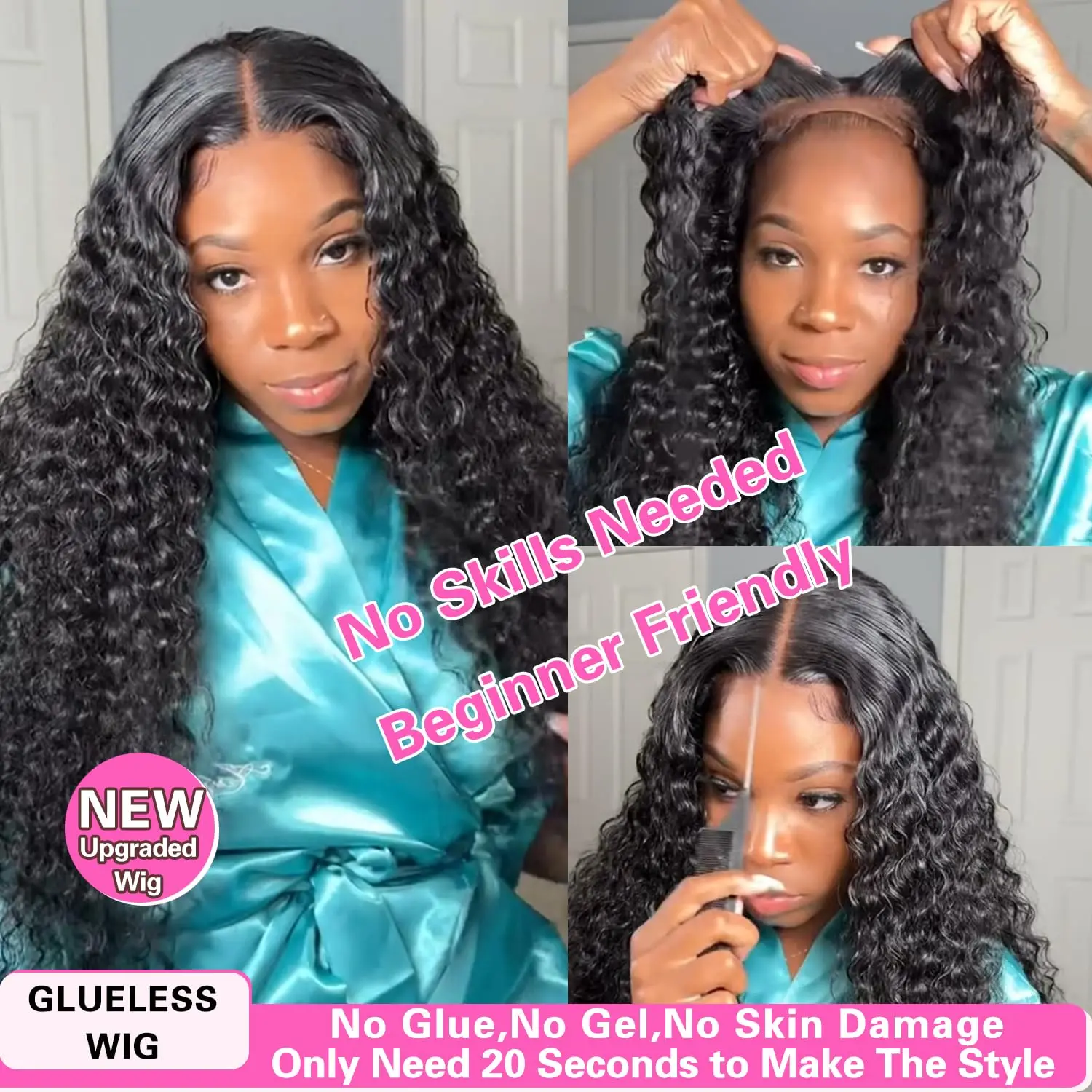 Glueless Wig Human Hair Ready to Wear Curly Human Hair Wigs Water Wave Glueless Wig Pre-Cut Lace Wig Wear Go Glueless Wigs 180%
