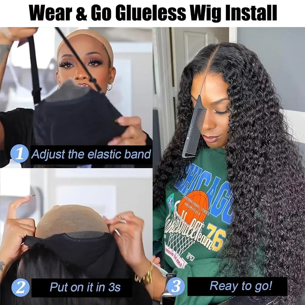 Glueless Wig Human Hair Ready to Wear Curly Human Hair Wigs Water Wave Glueless Wig Pre-Cut Lace Wig Wear Go Glueless Wigs 180%