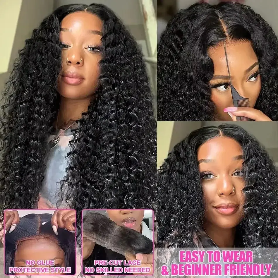 Glueless Wig Human Hair Ready to Wear Curly Human Hair Wigs Water Wave Glueless Wig Pre-Cut Lace Wig Wear Go Glueless Wigs 180%