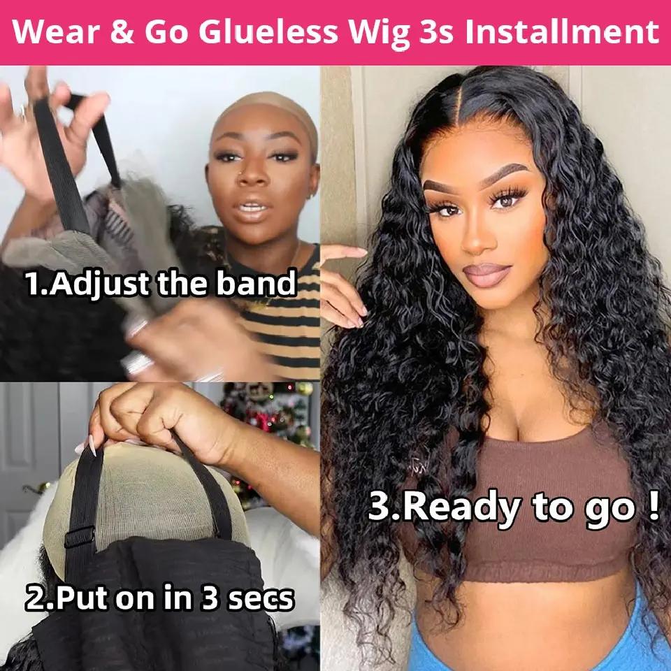 Glueless Wigs Human Hair Ready To Wear Pre-Cut Lace Wig Deep Wave Curly Human Hair Wigs Brazilian Pre Plucked Water Wave Wig
