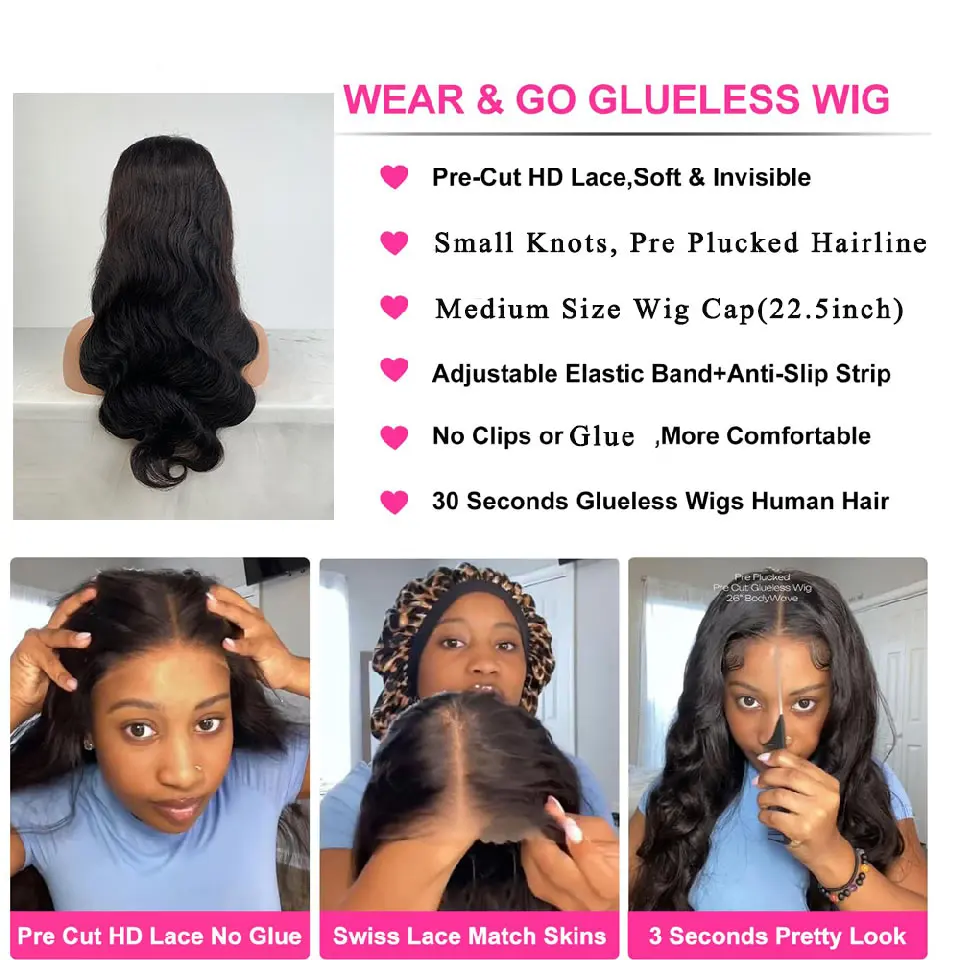 Glueless Wigs Human Hair Ready To Wear Body Wave Human Hair Wigs Pre Cut Lace Wear And Go Wig 5X5 Lace Closure Wig