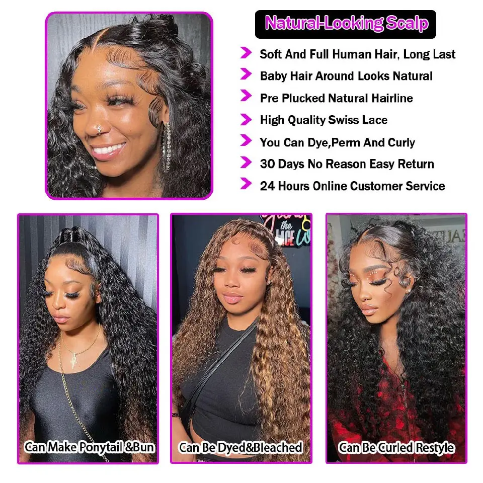 250 Density Water Wave 360 Curly Human Hair Wigs 30 Inch Glueless Wig Deep Curly Wave Frontal Wig For Women On Sale