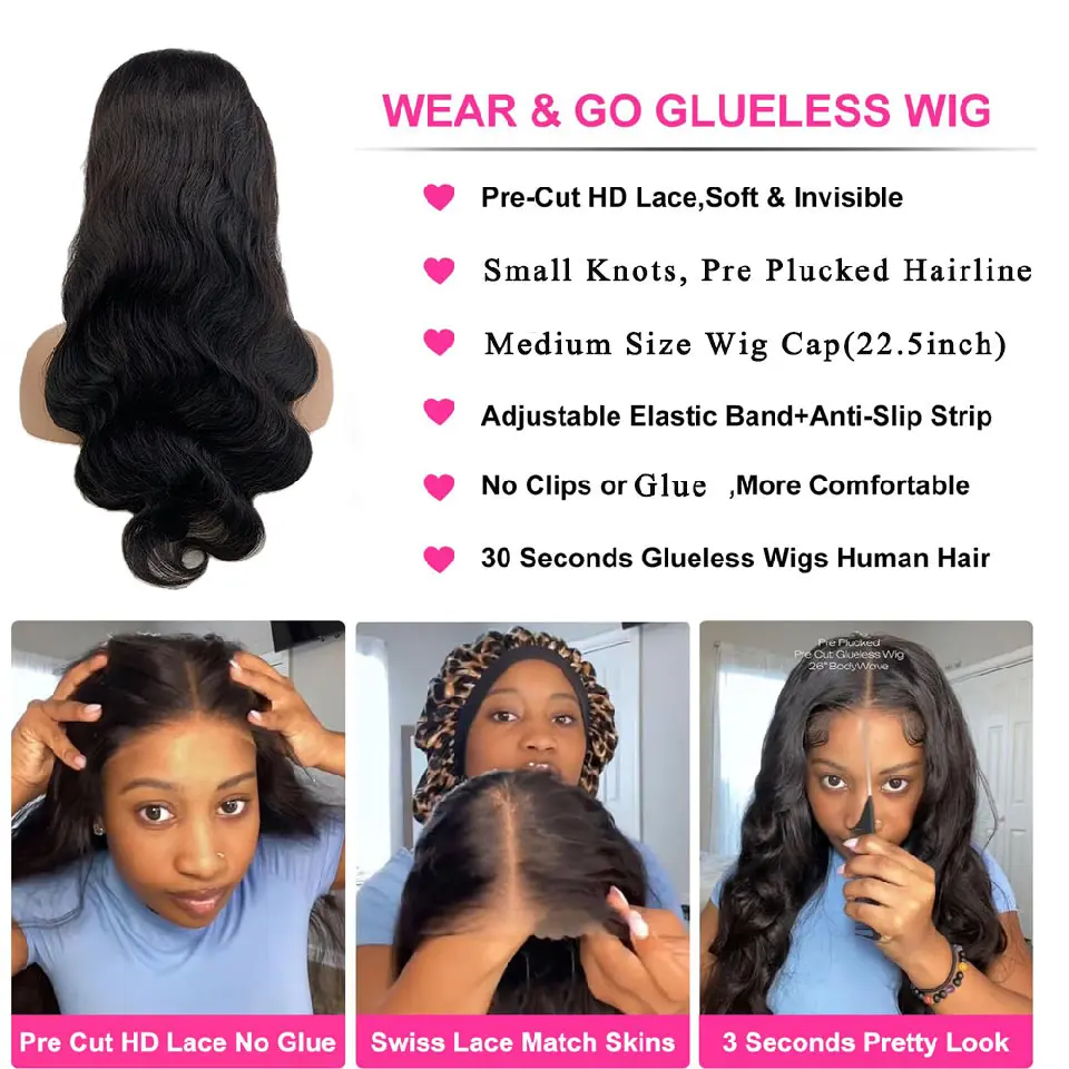 Glueless Wig Human Hair Ready To Wear Body Wave Pre Cut Lace Wear And Go Wig 5X5 Lace Closure Wig 360 Body Wave Human Hair Wigs