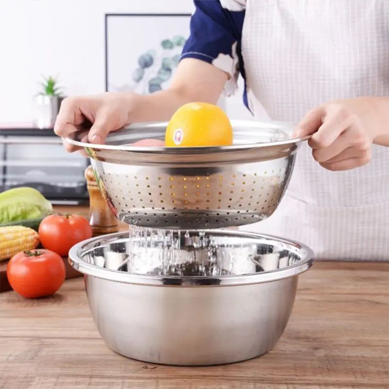 3PCS Multifunctional Kitchen Graters Stainless Steel Vegetable Slicer Vegetable Cutter Drain Basket Set Drain Basin for Fruit