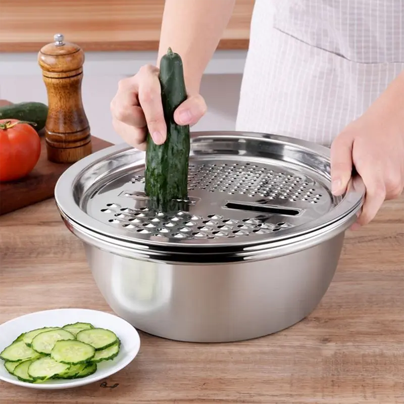 3PCS Multifunctional Kitchen Graters Stainless Steel Vegetable Slicer Vegetable Cutter Drain Basket Set Drain Basin for Fruit