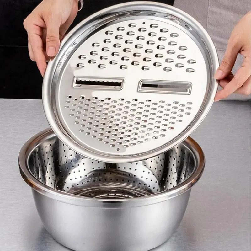 3PCS Multifunctional Kitchen Graters Stainless Steel Vegetable Slicer Vegetable Cutter Drain Basket Set Drain Basin for Fruit