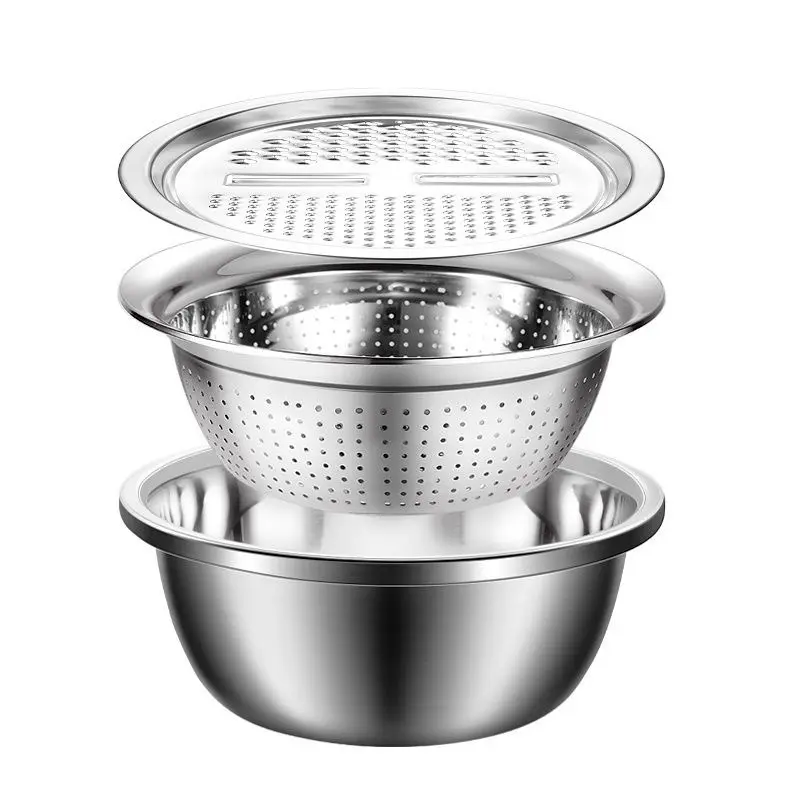 3PCS Multifunctional Kitchen Graters Stainless Steel Vegetable Slicer Vegetable Cutter Drain Basket Set Drain Basin for Fruit
