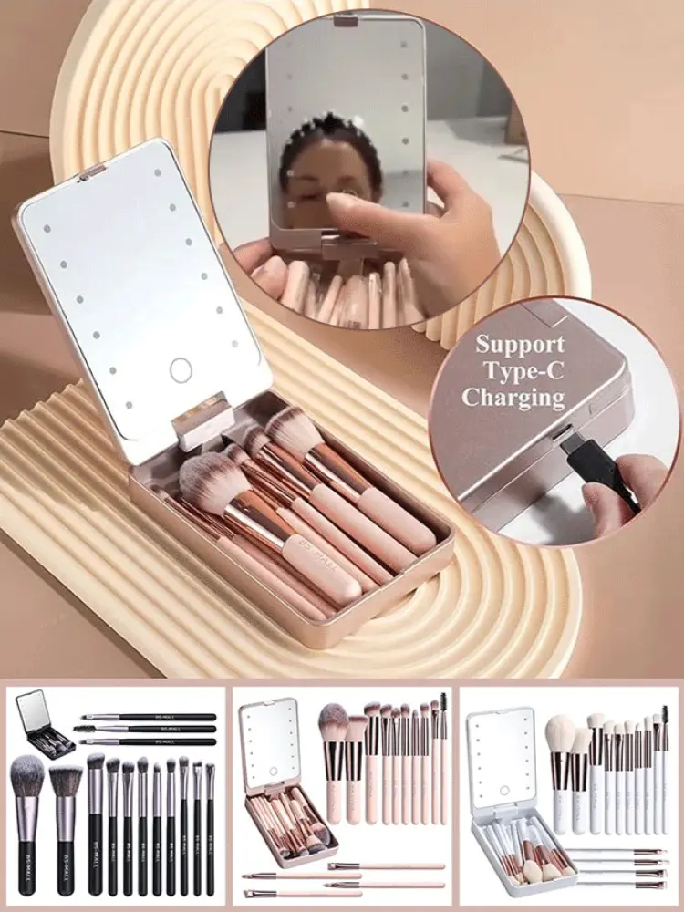Cosmetic mirror with light organizer with cover dustproof makeup mirror blogger makeup brush set