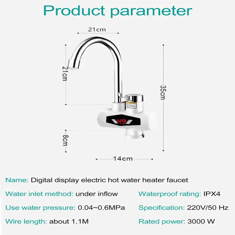 EU Plug Instant Hot Water Faucet Water Heater Shower Faucet Tankless Water Heater 3000W Digital Display Water Faucet Shower