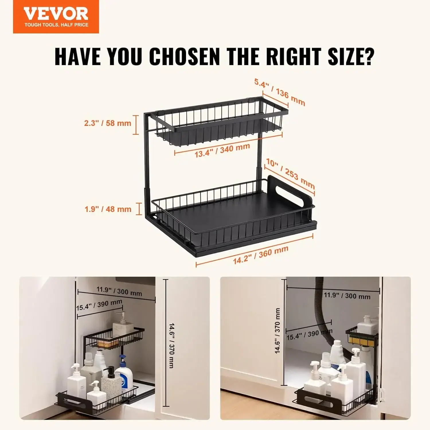2 Tier Pull Out Cabinet Organizer(10.7" W x 14.2" D), Under Sink Organizer and Storage, Slide Out Drawer Cabinet Organizer