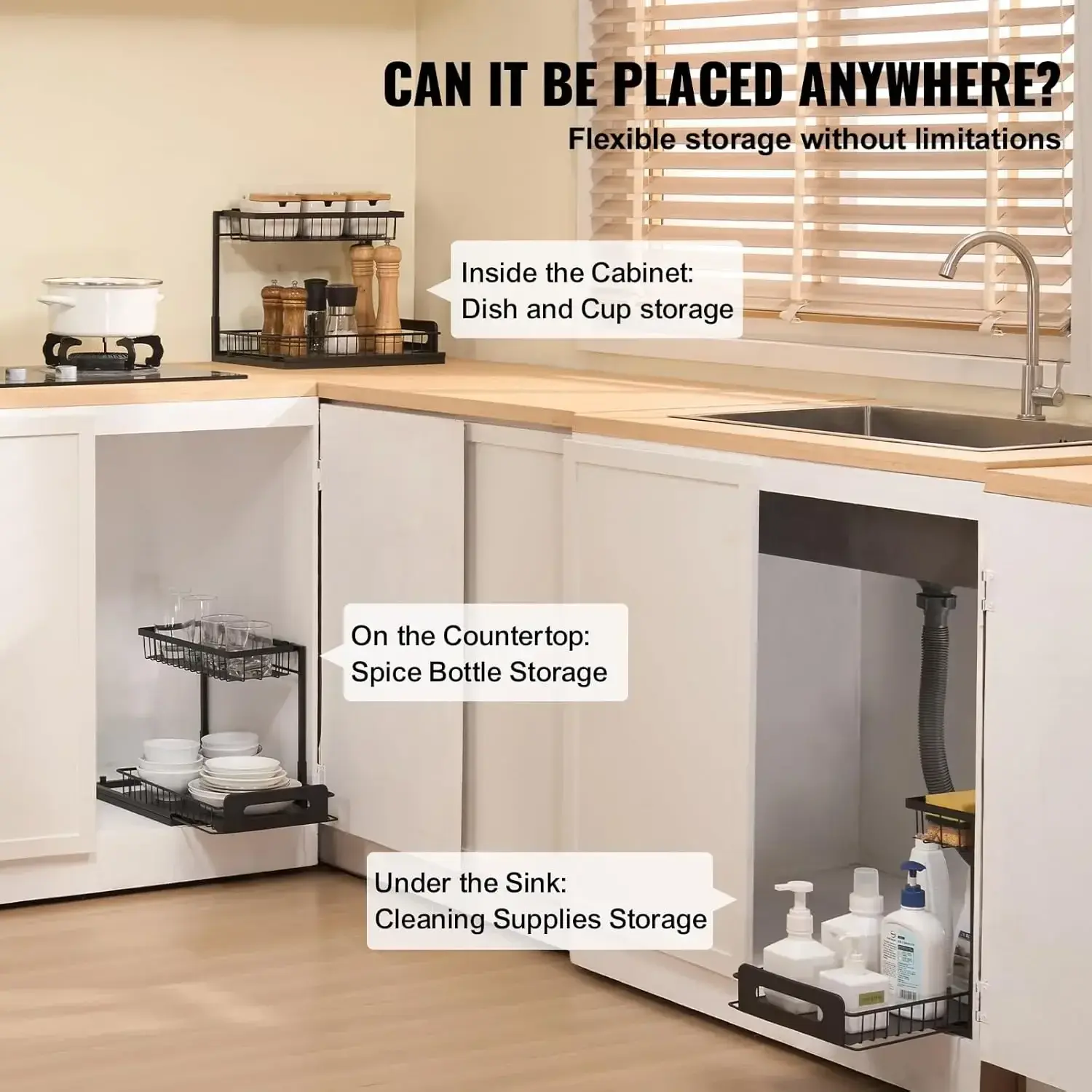 2 Tier Pull Out Cabinet Organizer(10.7" W x 14.2" D), Under Sink Organizer and Storage, Slide Out Drawer Cabinet Organizer