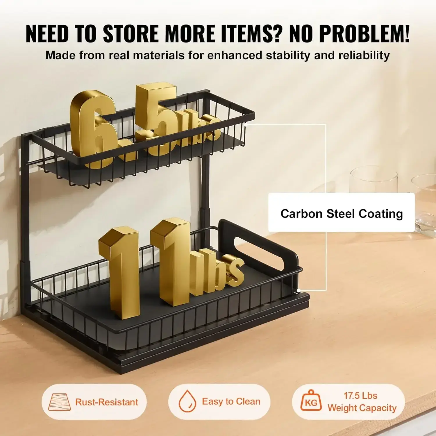 2 Tier Pull Out Cabinet Organizer(10.7" W x 14.2" D), Under Sink Organizer and Storage, Slide Out Drawer Cabinet Organizer