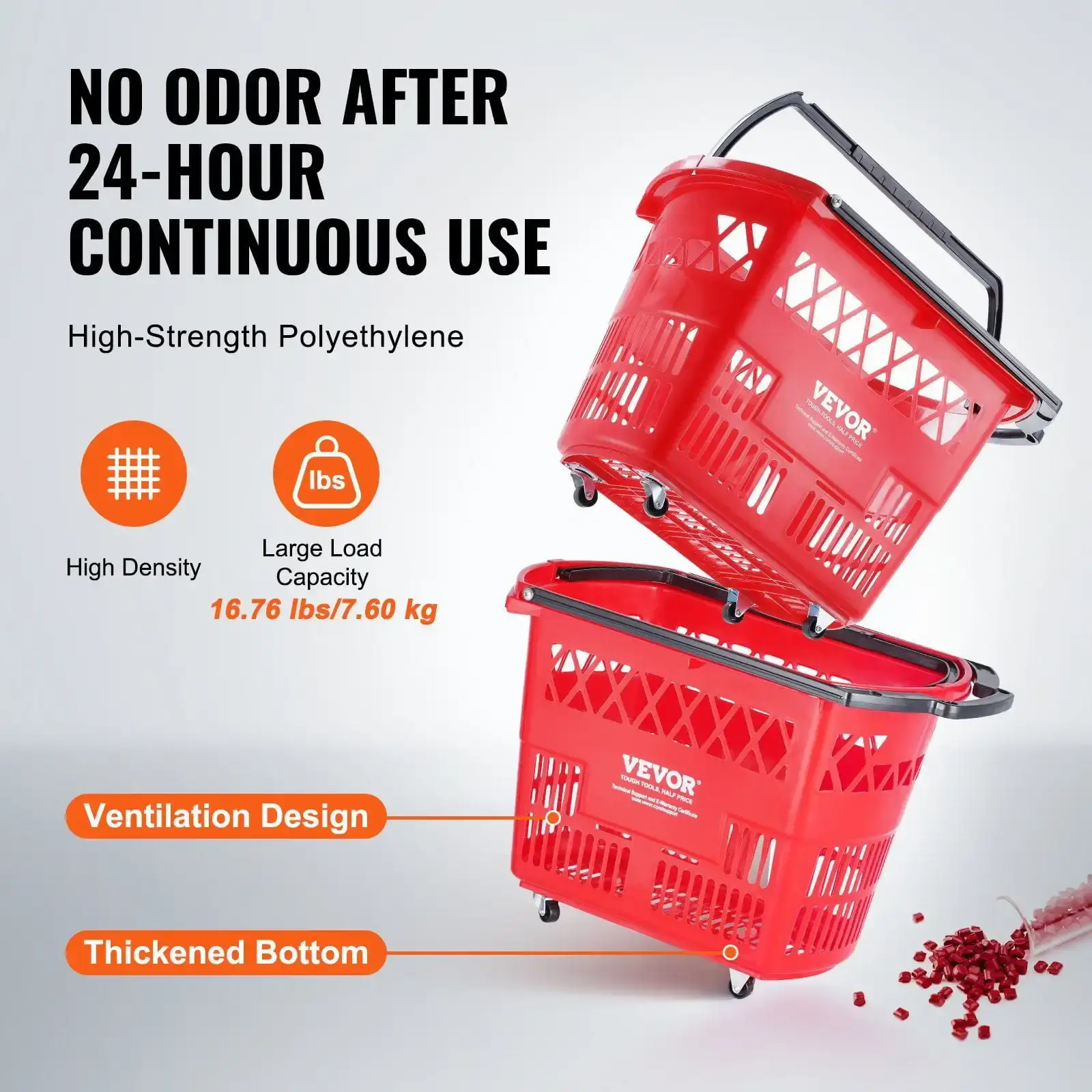 Plastic Rolling Shopping Trolley Basket On Wheels 6PCS 39L with Handle Red