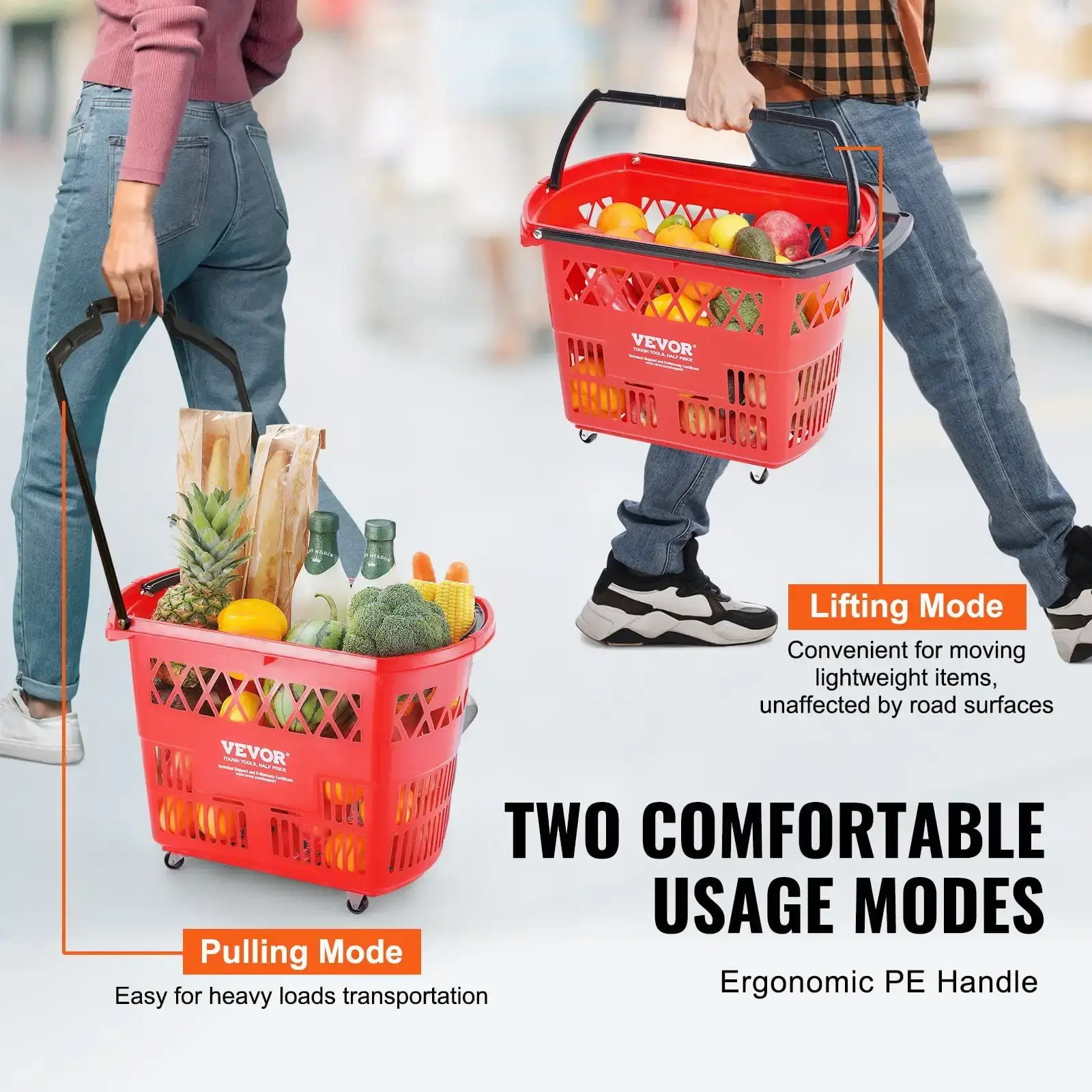 Plastic Rolling Shopping Trolley Basket On Wheels 6PCS 39L with Handle Red