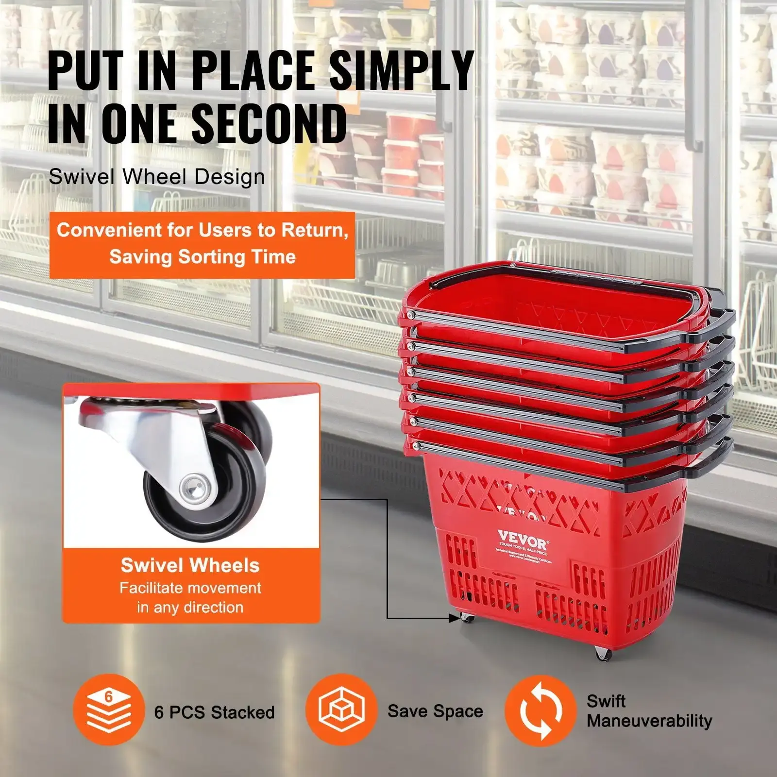 Plastic Rolling Shopping Trolley Basket On Wheels 6PCS 39L with Handle Red