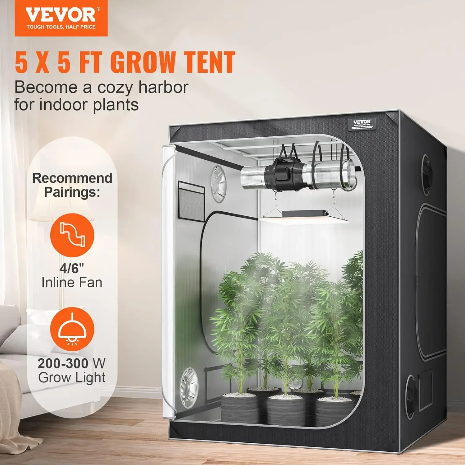 5x5 Grow Tent, 60'' x 60'' x 80'', High Reflective 2000D Mylar Hydroponic Growing Tent with Observation Window