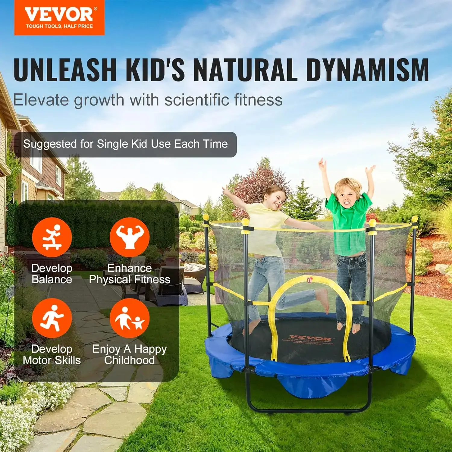 5FT Trampoline for Kids, 60" Indoor Outdoor Trampoline with Safety Enclosure Net, Basketball Hoop and Ocean Balls