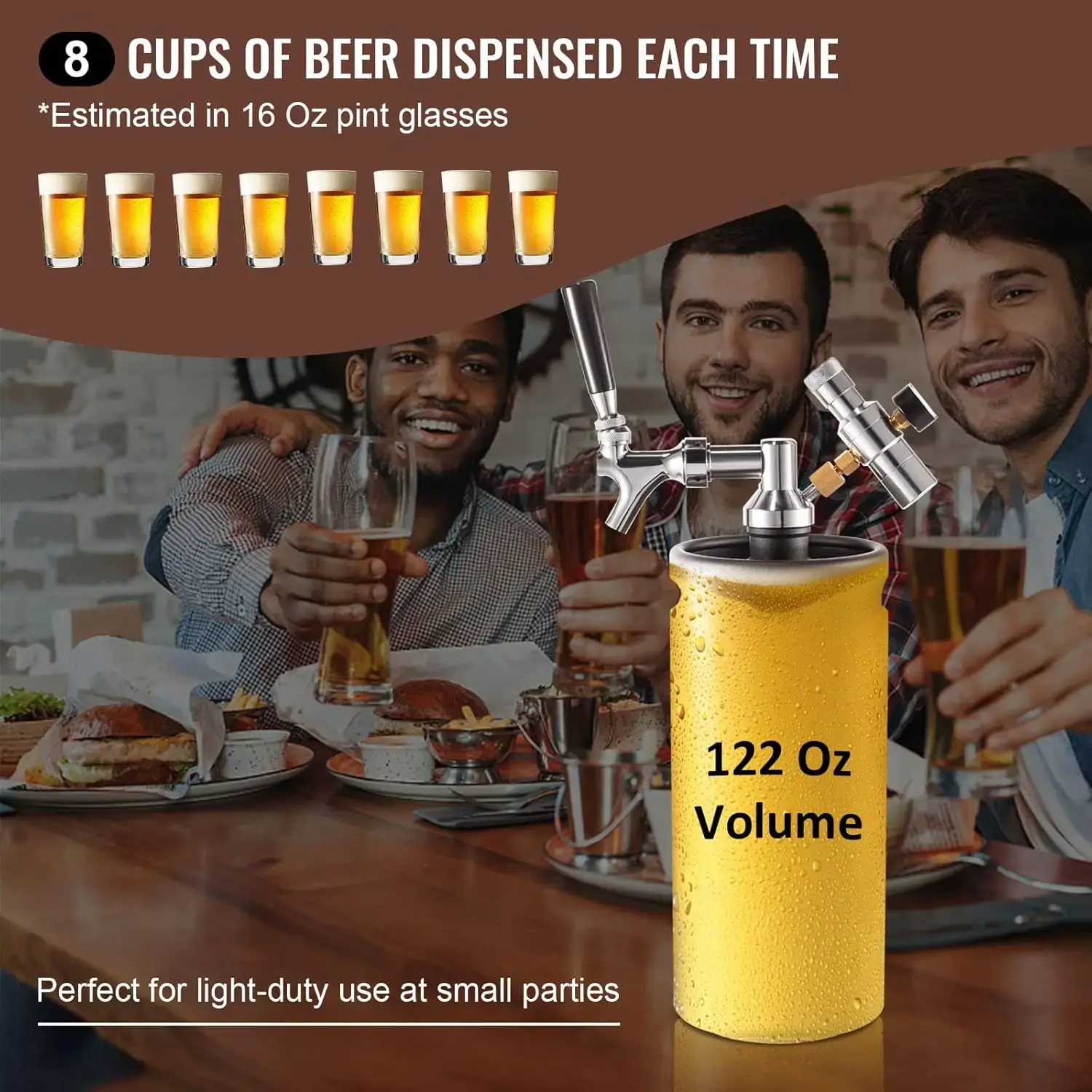 Beer Growler Tap System, 128Oz 4L Mini Keg, 304 Stainless Steel Pressurized Beer Growler, Keg Growler with Pressure Display