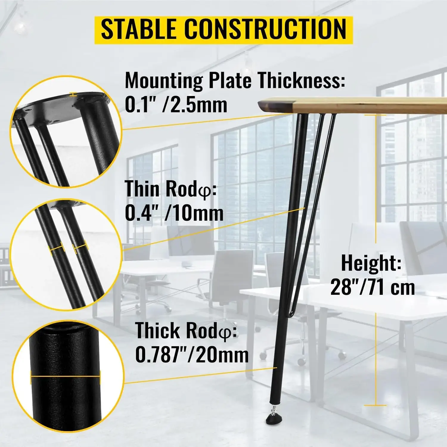 Hairpin Metal Table Legs 28 Inch Desk Set of 4 Heavy Duty Bench Legs 3-Rod Metal Furniture  Wrought Iron Coffee Table