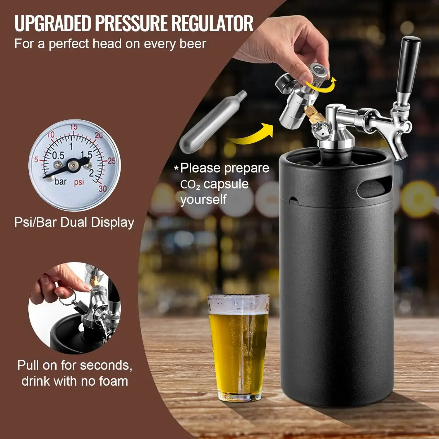 Beer Growler Tap System, 128Oz 4L Mini Keg, 304 Stainless Steel Pressurized Beer Growler, Keg Growler with Pressure Display