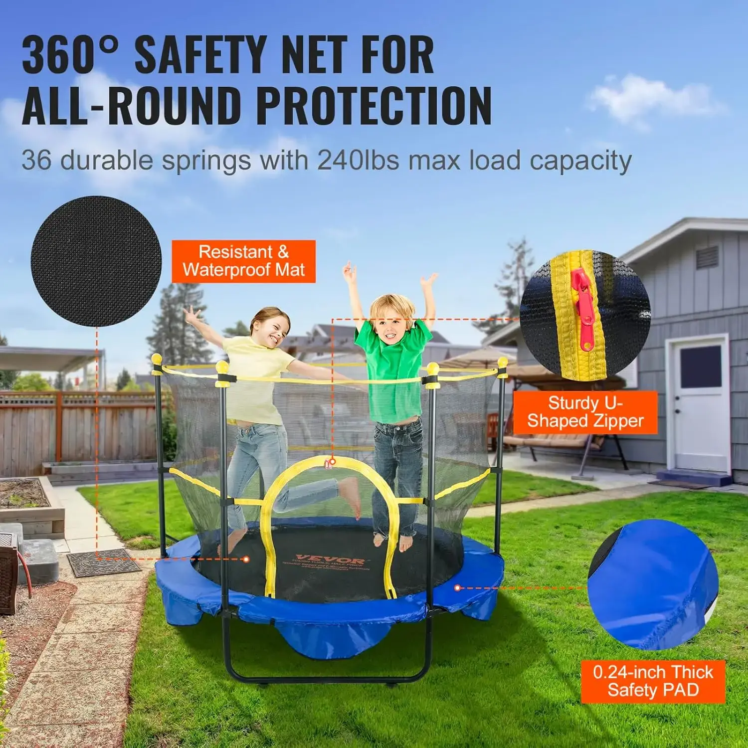 5FT Trampoline for Kids, 60" Indoor Outdoor Trampoline with Safety Enclosure Net, Basketball Hoop and Ocean Balls