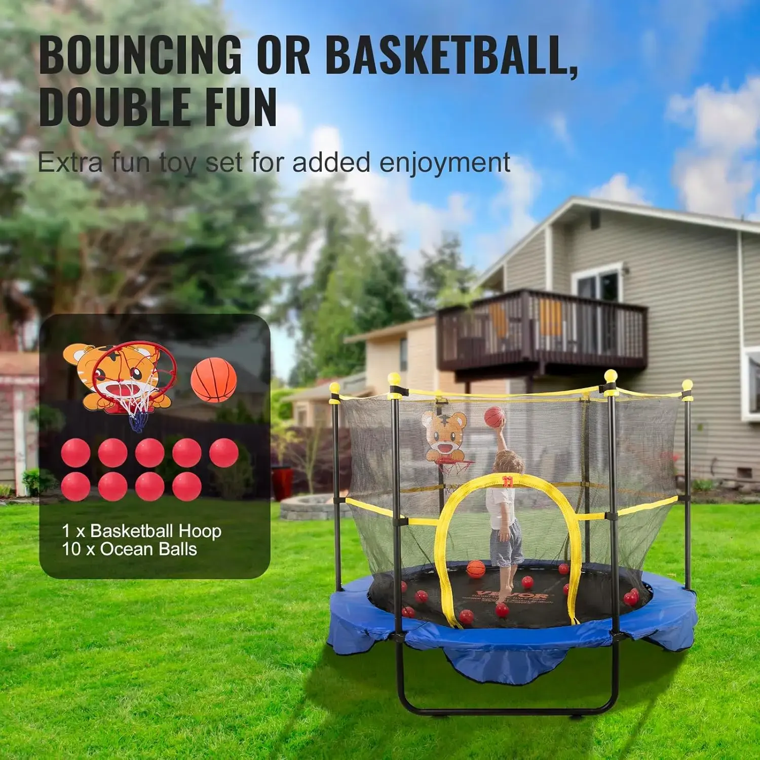 5FT Trampoline for Kids, 60" Indoor Outdoor Trampoline with Safety Enclosure Net, Basketball Hoop and Ocean Balls
