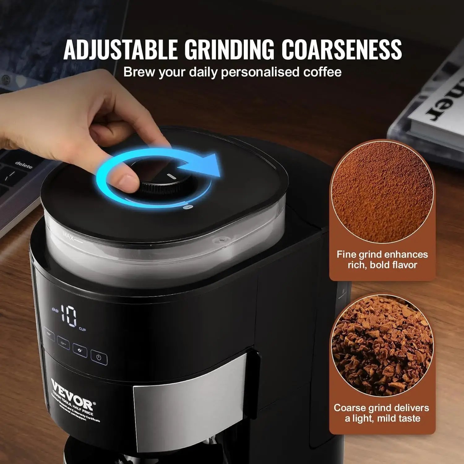 Coffee Maker with Grinder, 10 Cup Coffee Machine, Grind and Brew Coffee Maker with 3 Brew Strength Control