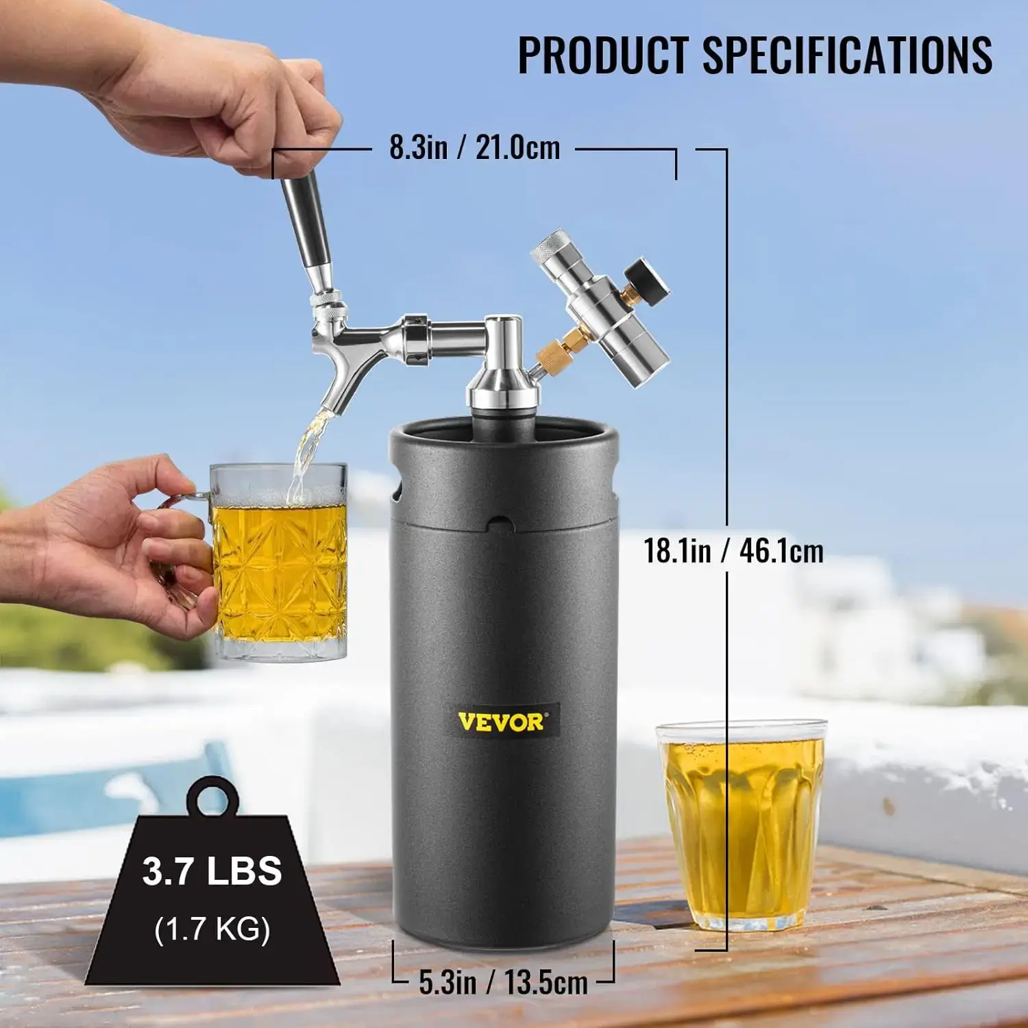Beer Growler Tap System, 128Oz 4L Mini Keg, 304 Stainless Steel Pressurized Beer Growler, Keg Growler with Pressure Display