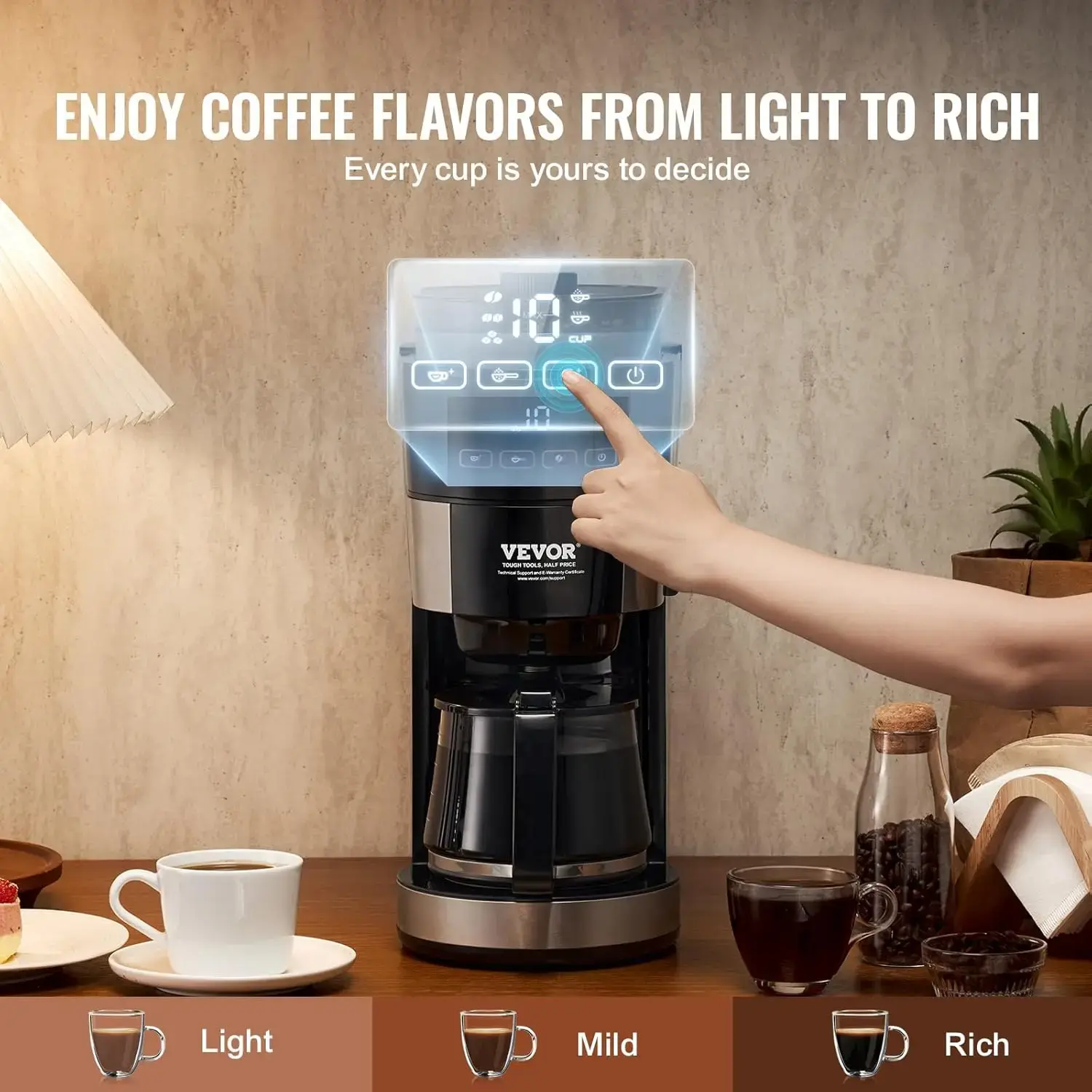 Coffee Maker with Grinder, 10 Cup Coffee Machine, Grind and Brew Coffee Maker with 3 Brew Strength Control